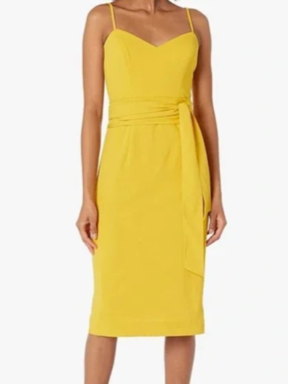 Dress the Population Mustard Canary  Spaghetti Strap Midi Dress with Waist Tie